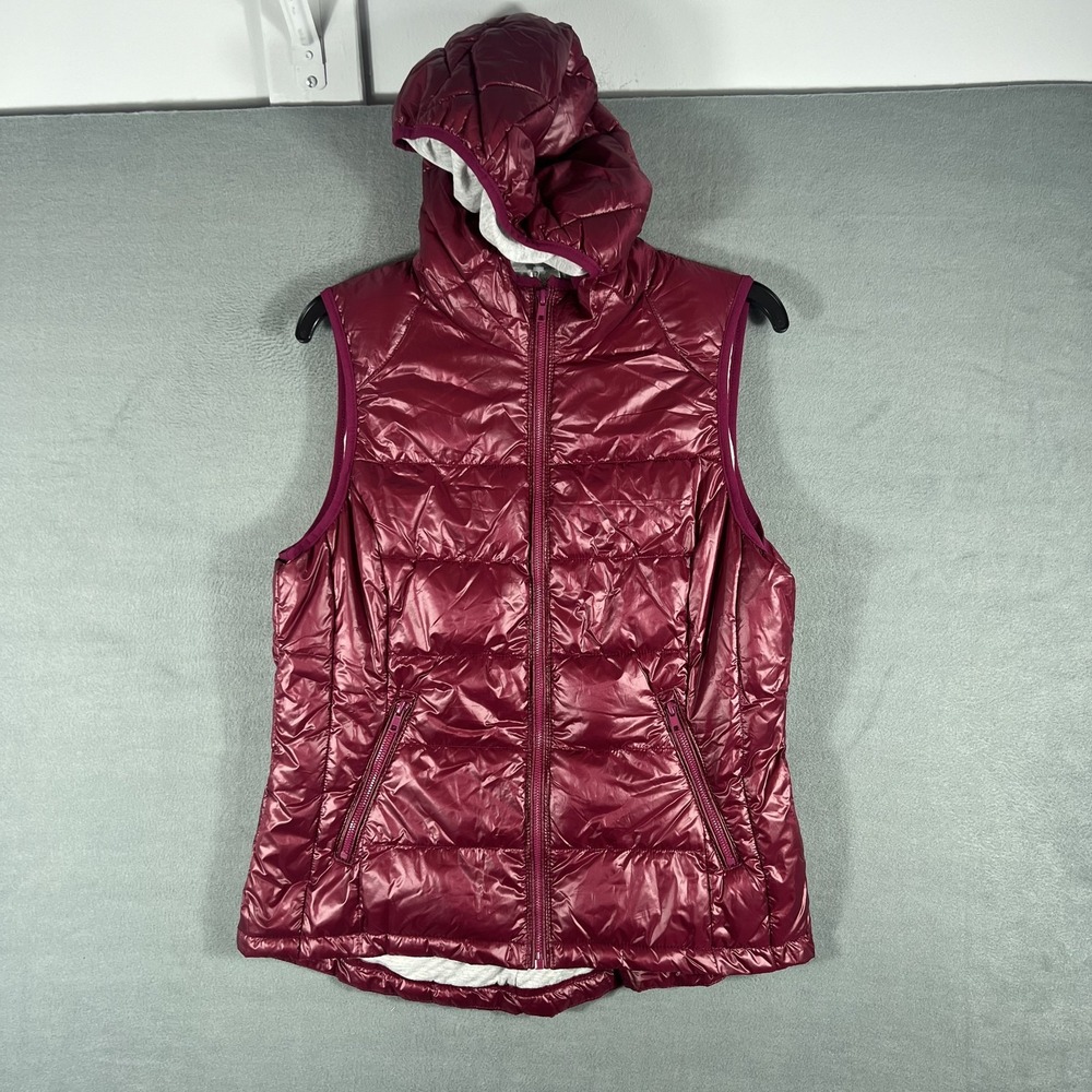 Tangerine Women's Large L Ruby Red Hooded Puffer Vest Full Zip Quilted Polyester